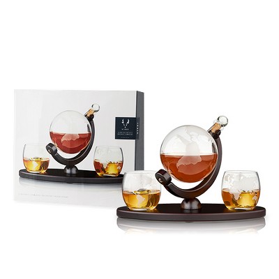 Viski Globe Decanter And Two Whiskey Tumbler Set Etched Glass Whiskey ...