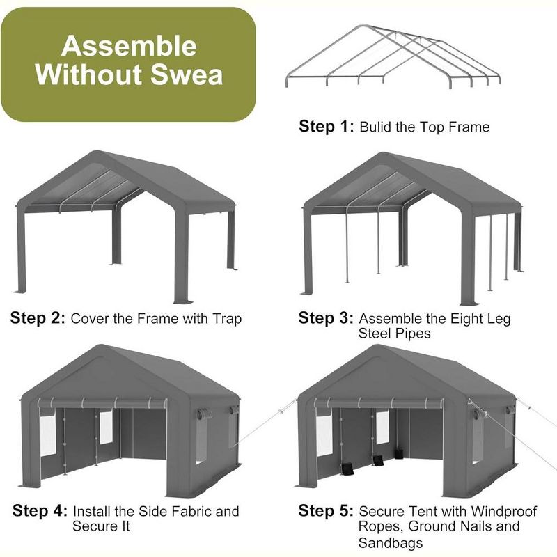 Whizmax Carport-Portable Upgraded Garage，Heavy Duty Carport with 2Roll-up Doors & 4 Ventilated Windows, Gray, 3 of 10