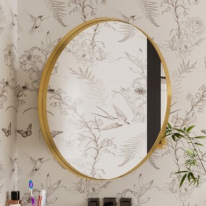Akoasm 31.5 Inch Round Metal Bathroom Medicine Storage Cabinet With Mirror & Adjustable Shelves-Gold - 1 of 4