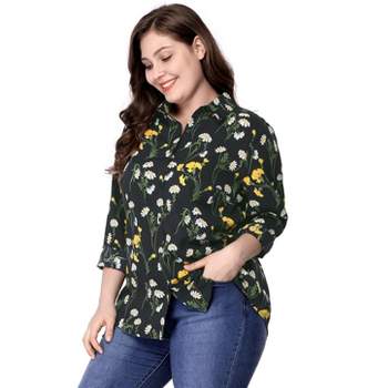 Agnes Orinda Plus Size Button Down Shirt for Women Denim Roll Sleeve Stand