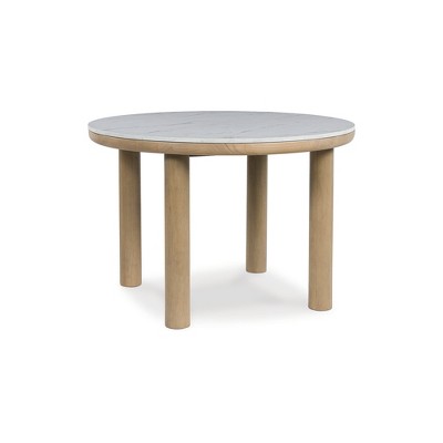 Signature Design by Ashley Sawdyn Modern Round Dining Table with Faux Marble Top, Light Brown
