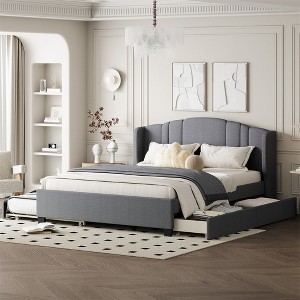 Upholstered Platform Bed With Wingback Headboard, Queen Size Bed Frame With Twin Trundle, 2 Drawers, No Box Spring Needed, Gray - 1 of 4