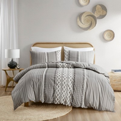 3Pcs Boho Style Duvet Set, Chenille Tufted Geometric Printed Bedding Set, 100% Cotton Bed Set with Matching Shams
