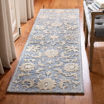 Blue and Beige Hand-Tufted Wool Floral Runner Rug