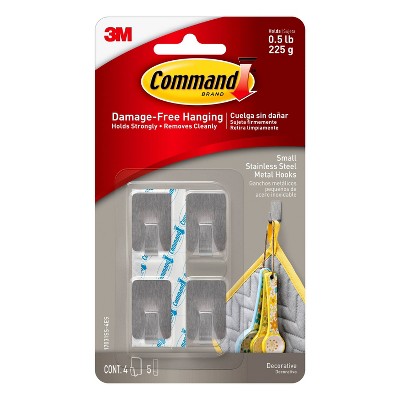 Command Small Sized Metal Decorative Hooks Stainless Steel: Metallic Wall Hooks, Adhesive, 0.5 lb Capacity, Set of 4