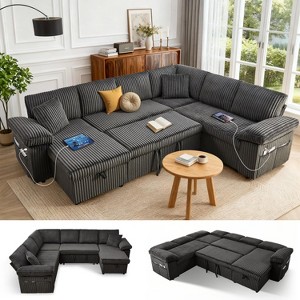 TiramisuBest 5 Seats Sectional Corduroy Sleeper Sofa with Pull Out Couch Bed, L Shape Modular Sofa with Storage Seat, USB & Cup Holders, Dark Grey - 1 of 4