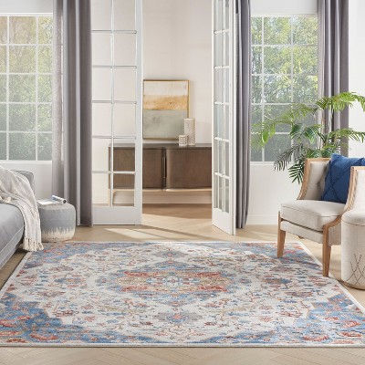 Ivory Blue Floral Medallion 8' x 10' Synthetic Rug