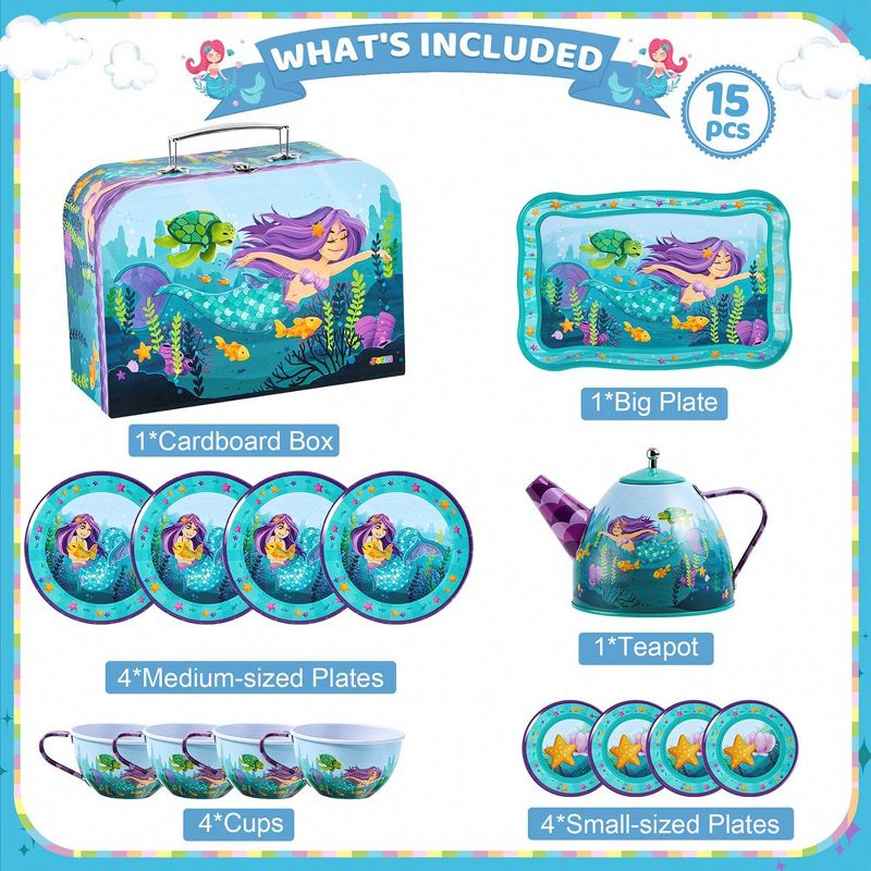 Joyin Mermaid Tin Teapot Set 15pcs Plates and Carrying Case for Birthday Easter Gifts Kids Toddlers Age 3 4 5 6, 2 of 10