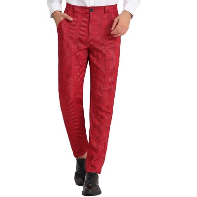 Lars Amadeus Men's Plaid Regular Fit Flat Front Classic Elastic Waist Suit Pants  Red 30 : Target