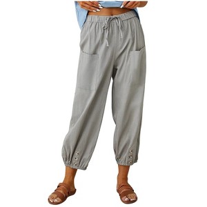 Womens Cotton Blend Linen Pants with Side Pockets Summer Slacks Drawstring Elastic Wasit Pants Ankle Length Button Detail Cuff Lounge Pants - 1 of 4