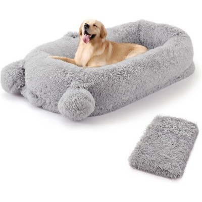 71"L Human Dog Bed with Blanket, 2 Side Storage Pockets and Portable Handle, Removable Cover, High-Density Foam Human Size Dog Bed for Adult