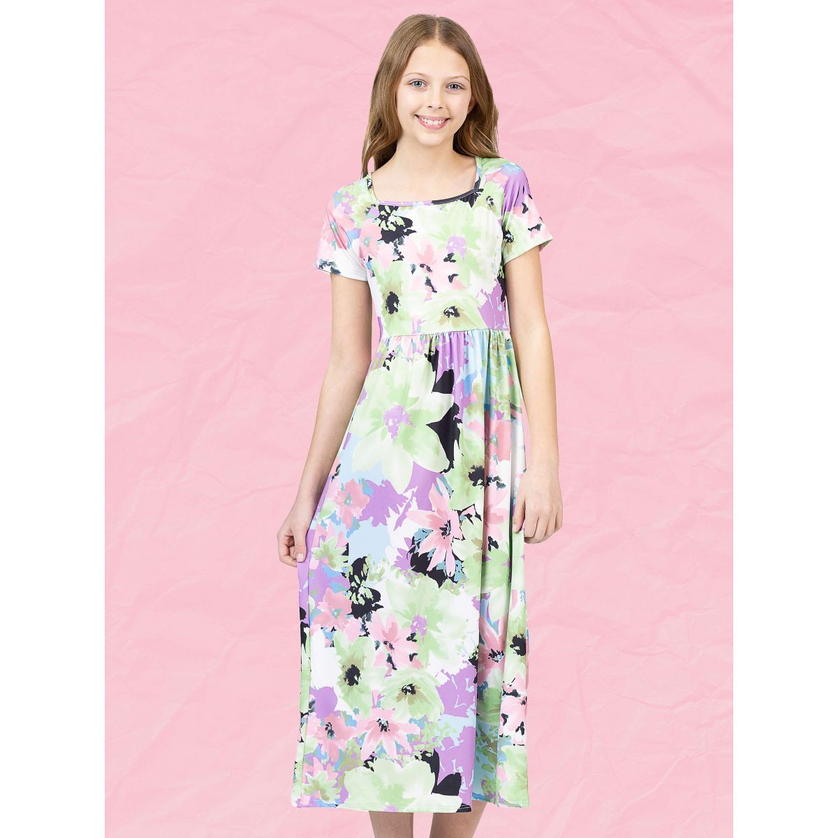 24sevenkid Girls Pastel Floral Print Short Sleeve Maxi Dress - thumbnail 5