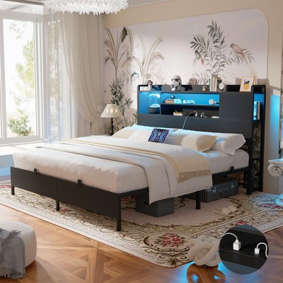 Aheaplus Platform Bed Frame with Reversible Storage Headboard and Charging Station