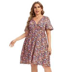 Clearlove Plus Size Dresses for Curvy Women Floral Sleeves Tiered Layers Casual Mini Dress with Pocket - 1 of 4