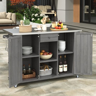 Outdoor Kitchen Island Cart with Foldable Stainless Steel Top, Spice Racks, Storage Shelves, Towel Bars and Locking Wheels for Patio-The Pop Home