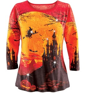 Collections Etc Festive Haunted Halloween Night Sequin Detailed 3/4 Length Sleeve Top - 1 of 3