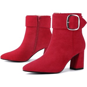 BLISSFUL STEP Square Buckle Chunky Heels Pointed Toe Ankle Booties for Women - 1 of 4