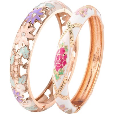 Vintage Cloisonne Enamel Rhinestone Rose Hinged Cuff Bracelet Bangle Set for Women