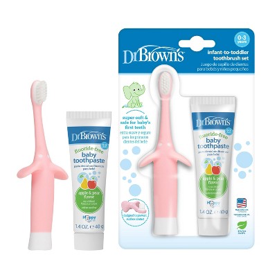 Dr. Brown's Infant-to-Toddler Training Toothbrush Set & Fluoride-Free Baby Toothpaste Pear & Apple Flavor - Pink Elephant - 1.4oz