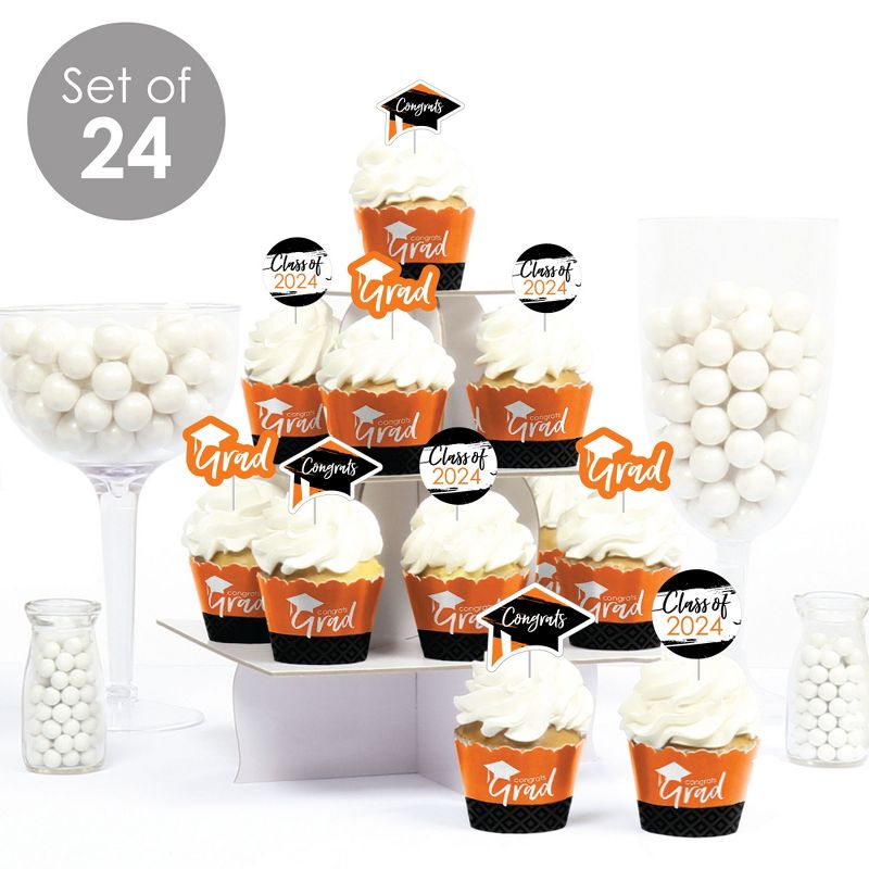 Big Dot of Happiness 2024 Orange Graduation Cupcake Decoration - Party Cupcake Wrappers and Treat Picks Kit - Set of 24, 2 of 8