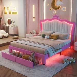 BABYYER Full Size Upholstered Bed Frame, Modern Princess Platform Bed with Adjustable Crown Headboard, No Noise for Girls - 1 of 4