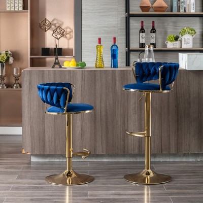 SKRAN Velvet Swivel Bar Stool Set of 2 Adjustable 360° Swivel Bar Height Chair Woven Hollow Back For Kitchen Island, Cafe, Pub, Bar Counter