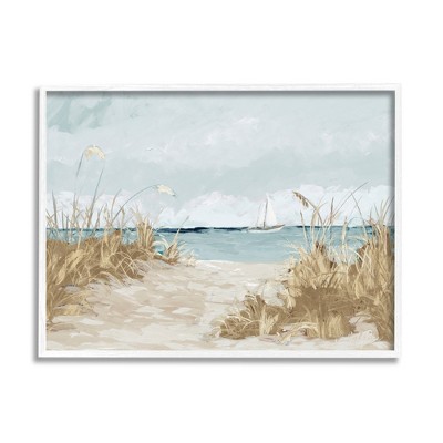 Stupell Industries Sandy Beach Walkway Distant Sailboats Floating Sea Framed Giclee Art