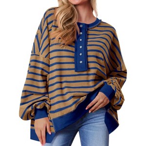 Imily Bela Women Color Block Waffle Knit Top Oversized Comfort  Casual Sweatshirt - 1 of 4