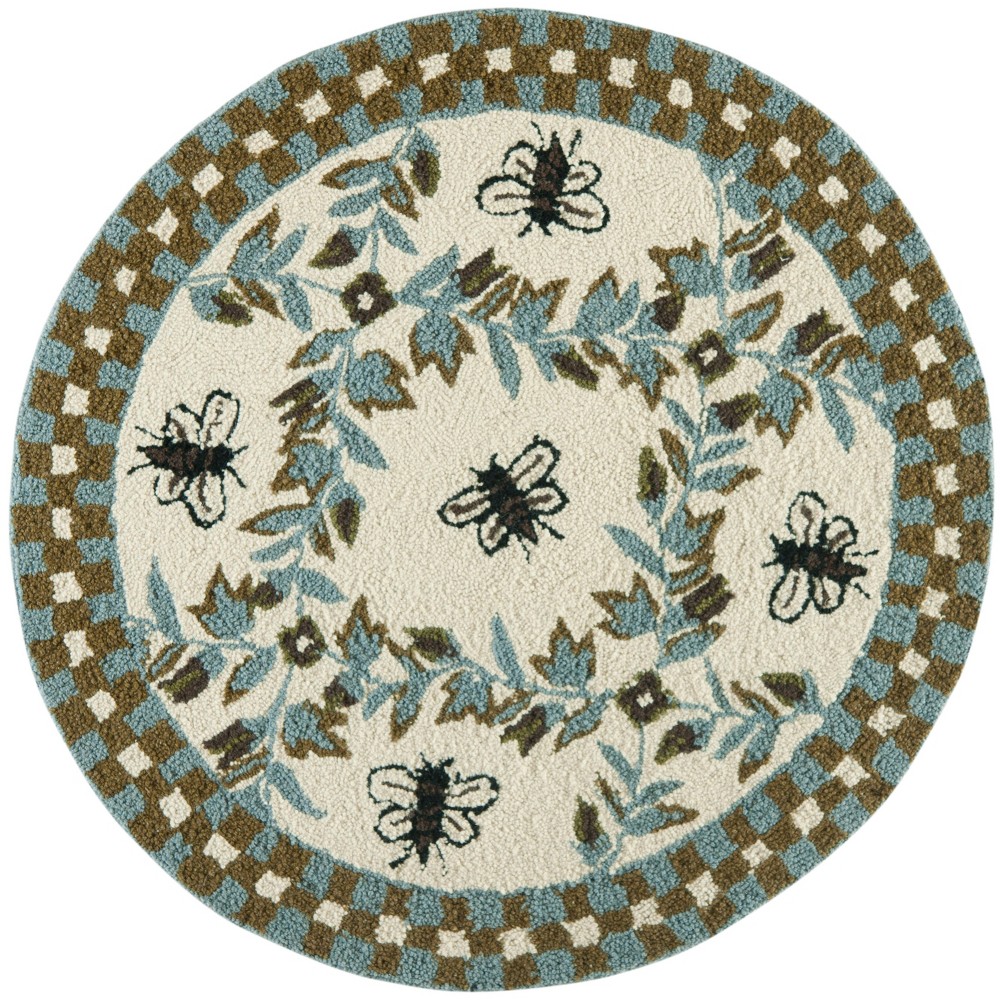 3' Round Bee Hooked Accent Rug Ivory/Turquoise - Safavieh