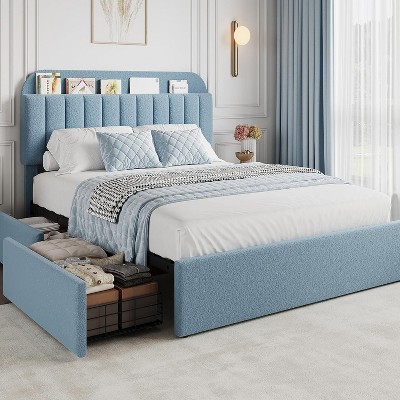 Coucheta Full Upholstered Storage Bed Frame - Bookcase Headboard with 2 Drawers, Boucle Fabric Platform, No Box Spring, Blue