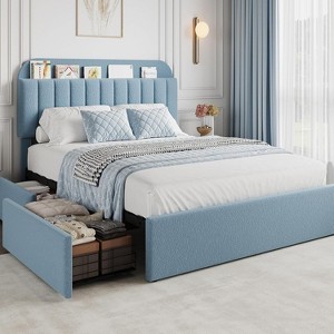 Coucheta Full Upholstered Storage Bed Frame - Bookcase Headboard with 2 Drawers, Boucle Fabric Platform, No Box Spring, Blue - 1 of 4
