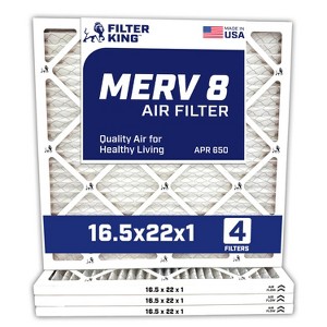 Filter King 16.5x22x1 Air Filter | 4-PACK | MERV 8 HVAC Pleated A/C Furnace Filters | MADE IN USA | Actual Size: 16.5 x 22 x .75" - 1 of 4