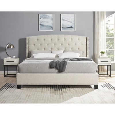 3-Piece Upholstered Bedroom Set, Tufted Wingback Bed with 2 Nightstands, Nightstands with Drawers, Upholstered Bed Modern-Cuddlewood