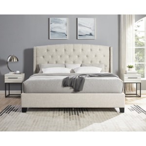 3-Piece Upholstered Bedroom Set, Tufted Wingback Bed with 2 Nightstands, Nightstands with Drawers, Upholstered Bed Modern-Cuddlewood - 1 of 4