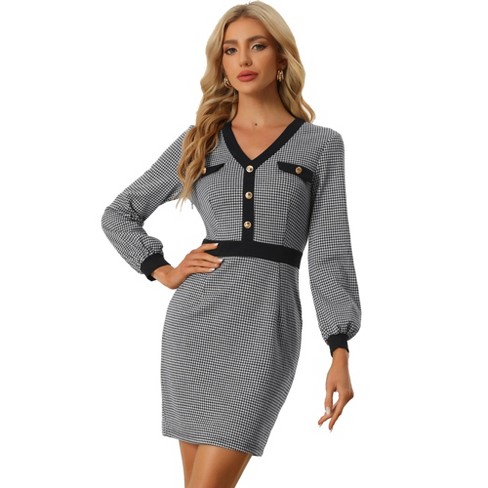 Elegant Houndstooth Round Neck A Line Long Sleeve Black and White Plus Size  Dresses (Women's)