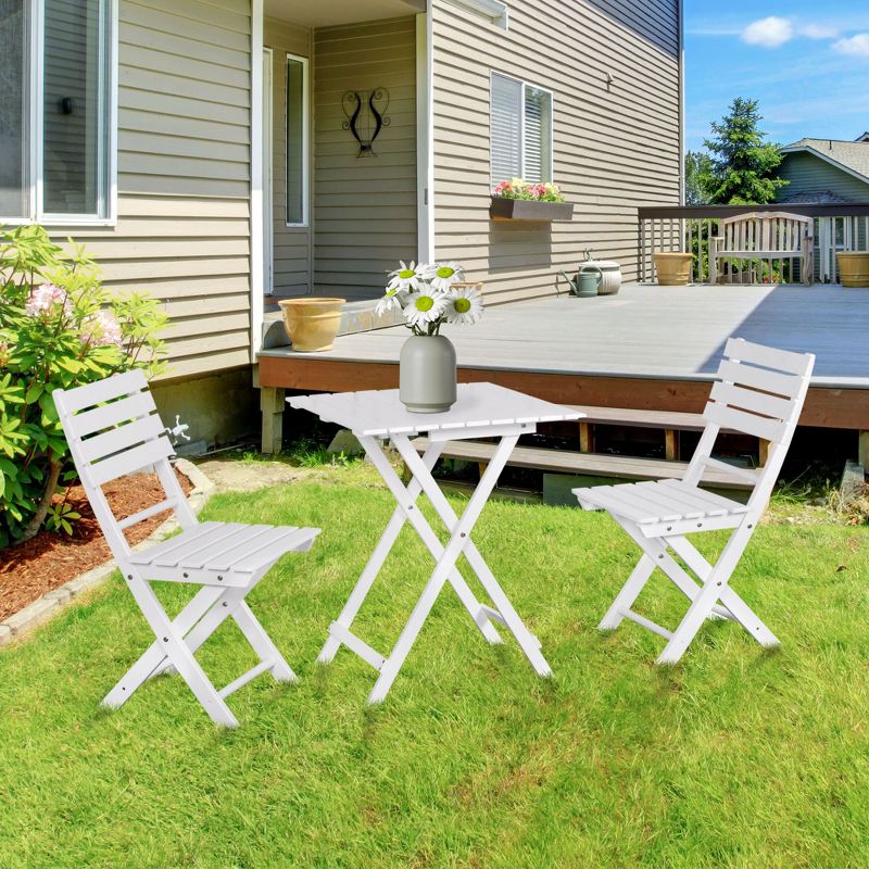 Outsunny 3 Piece Bistro Set, Wood Folding Outdoor Furniture with Table & Chairs for Backyard & Balcony, Square, White, 2 of 7