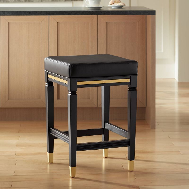 55 Downing Street Wood Bar Stool Black Gold 26" High Mid Century Modern Faux Leather Square Cushion with Footrest for Kitchen Counter Height Island, 2 of 9