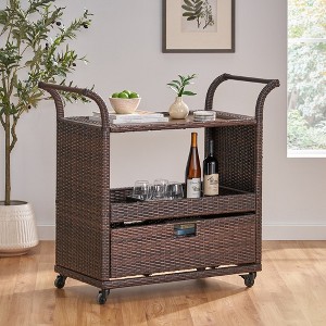 Outdoor Wicker Bar Table Cart,Palm Harbor Outdoor Wicker Rolling Bar Cart - Brown - 1 of 4