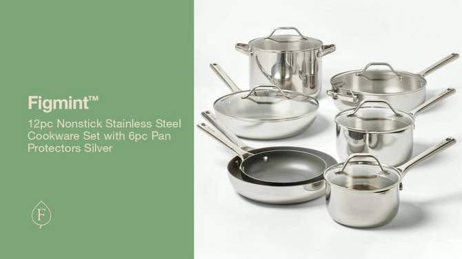 12pc Nonstick Stainless Steel Cookware Set with 6pc Pan Protectors Silver - Figmint&#8482;, 2 of 13, play video