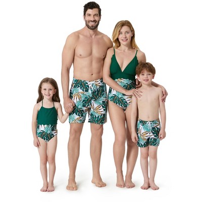 PATPAT Family Matching Mommy and Me Swimsuit One Piece Leaves Printed V Neck Swimwear Set Swim Trunks Shorts