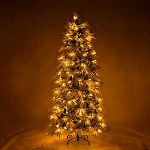 Hrinhom 7FT Slim Flocked Christmas Tree Pre-lit, Skinny Noble Artificial Christmas Tree Easy Assembly - 1 of 4