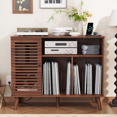 MOEPISY Record Player Stand with Charging Station, Mid-Century Turntable Stand with Slatted Doors Walnut