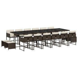 vidaXL 17-Piece Patio Dining Set with Cushions Brown Poly Rattan – Garden Table and Chairs w/Foldable Seats/Storage – Tempered Glass Top - 1 of 4