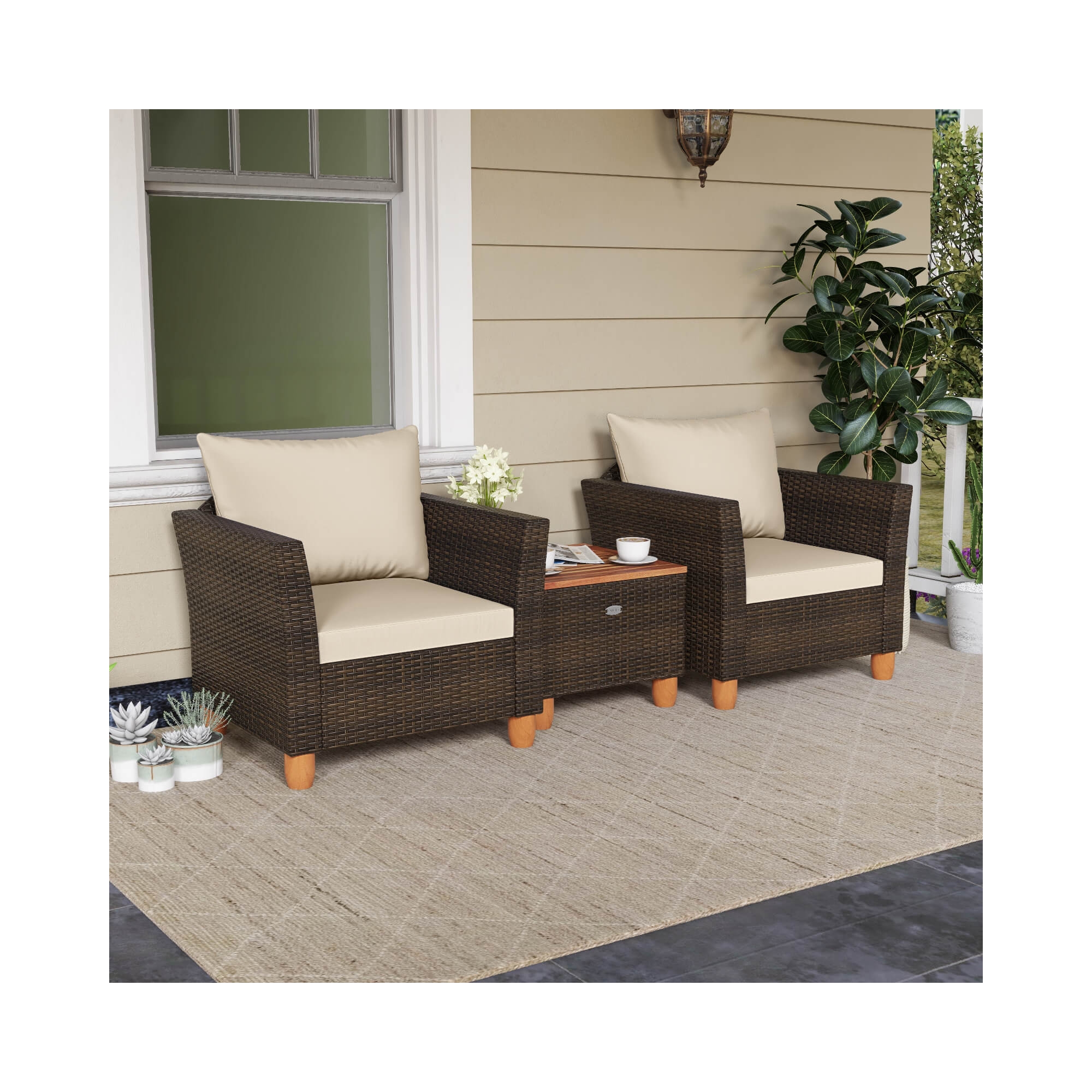 Costway 3PCS Patio Wicker Rattan Sofa Set Furniture Outdoor Acacia Wood Conversation Mix Brown
