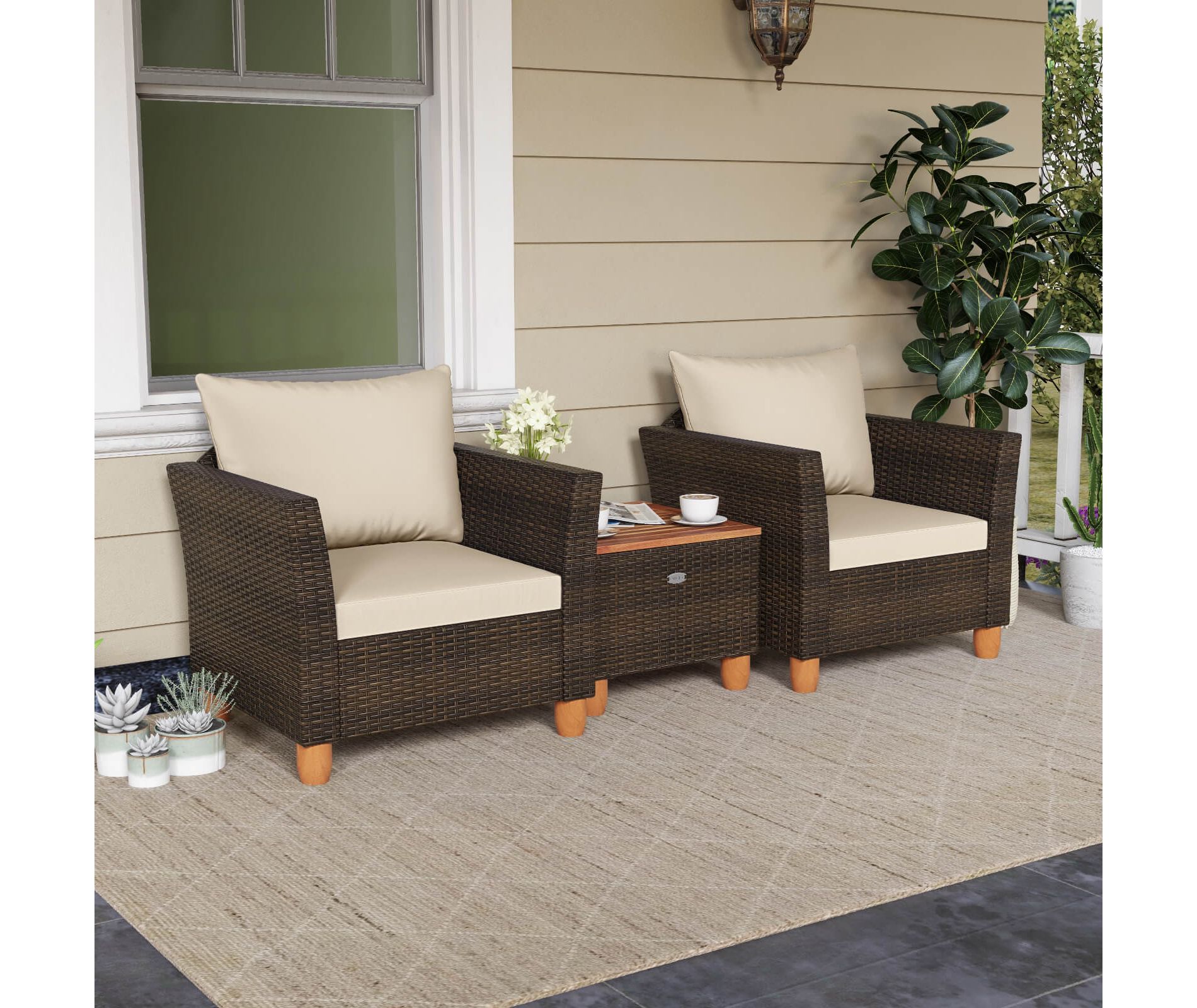Costway 3PCS Patio Wicker Rattan Sofa Set Furniture Outdoor Acacia Wood Conversation Mix Brown