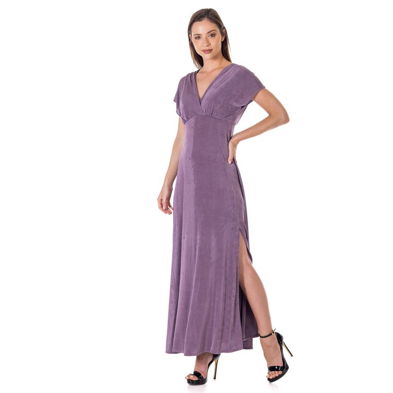 24seven Comfort Apparel Womens Flutter Sleeve Metallic Knit Maxi Dress Front Slit Empire Waist, 2 of 9