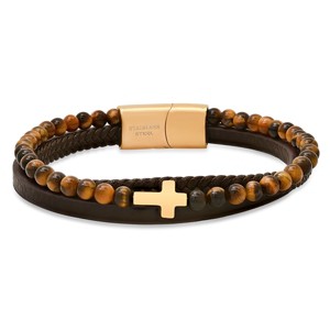 Steeltime Men's leather, beads and stainless steel layered bracelet. Color Options: Silver, Gold - 1 of 4