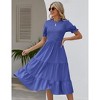 Women's Summer Crew Neck Short Sleeve Smocked Midi Dress Casual Elastic Waist Tiered A Line Maxi Dress - 3 of 4