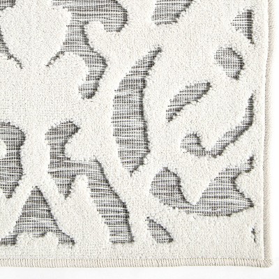 Natural Gray Damask Pattern Indoor Outdoor Runner Rug