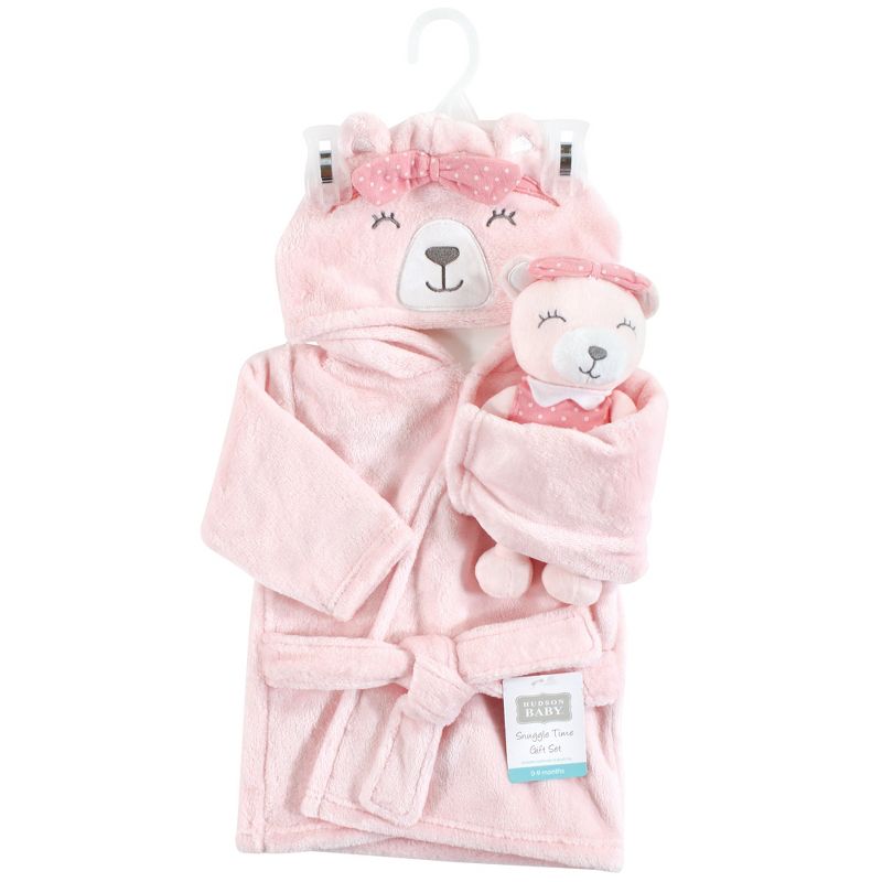 Hudson Baby Infant Girl Plush Bathrobe and Toy Set, Bear Girl, One Size, 2 of 5